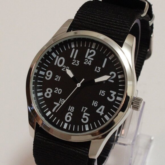 Men's Quartz Field Watch Silver Tone Case Black Military Strap 42mm - Picture 7 of 11